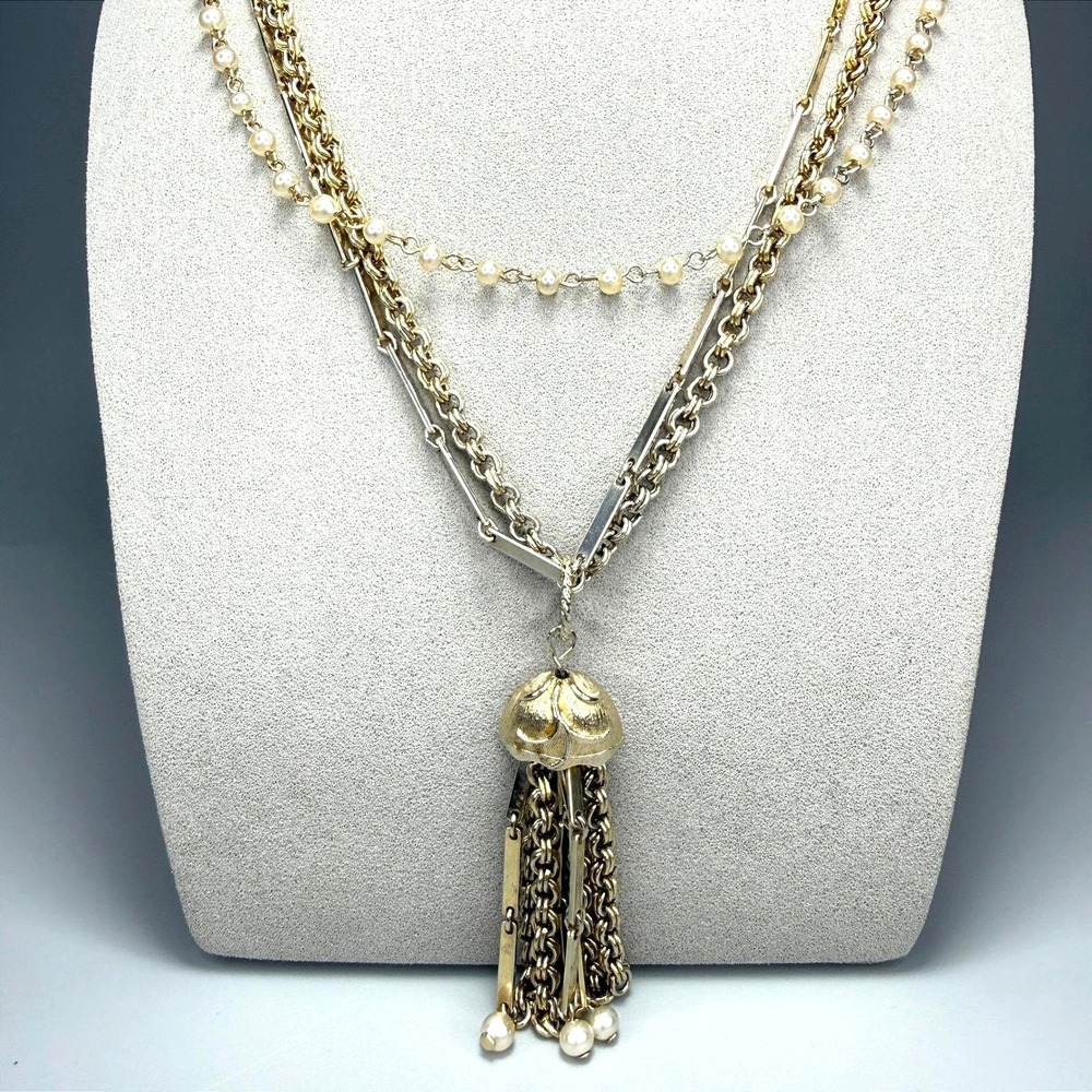 Vintage Multi Strand Tassel Necklace Gold Tone Faux Pearl 24" c. 1960s